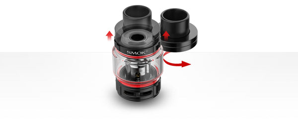 SMOK TFV9 Sub-Ohm Tank vape part with glass chamber and adjustable airflow on a sleek design.