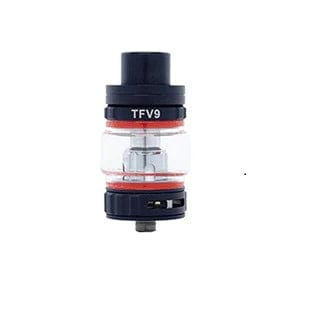 SMOK TFV9 Sub-Ohm Tank vape part with transparent glass and black top, demonstrating its design and airflow features.