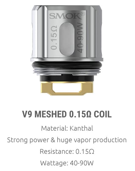 SMOK TFV9 Sub-Ohm Tank vape part featuring a sleek glass and metal design with adjustable airflow and wide-bore drip tip.