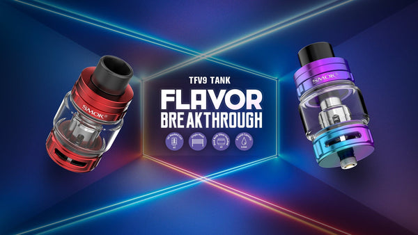 SMOK TFV9 Sub-Ohm Tank vape part with glass and metal construction, featuring adjustable airflow and drip tip for enhanced vaping.