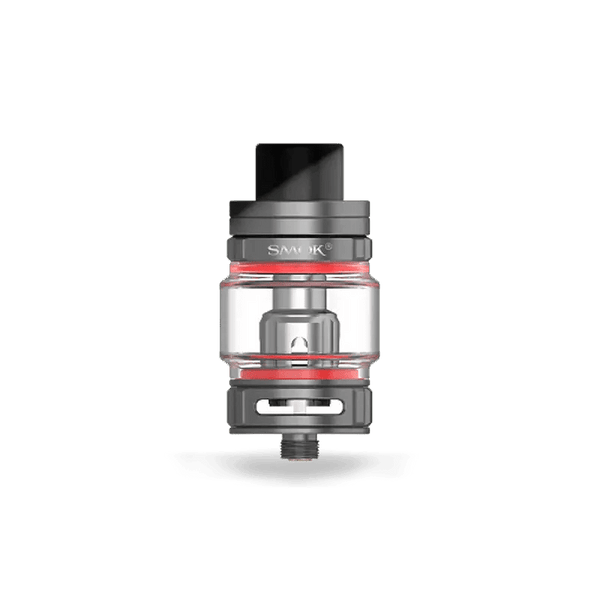 SMOK TFV9 Sub-Ohm Tank vape part with glass and metal construction, featuring adjustable airflow and dual coil design.