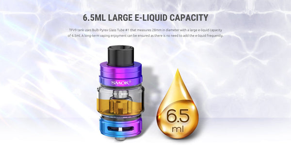 SMOK TFV9 Sub-Ohm Tank for vaping, featuring a sleek design and glass chamber, designed for high-performance vape devices.