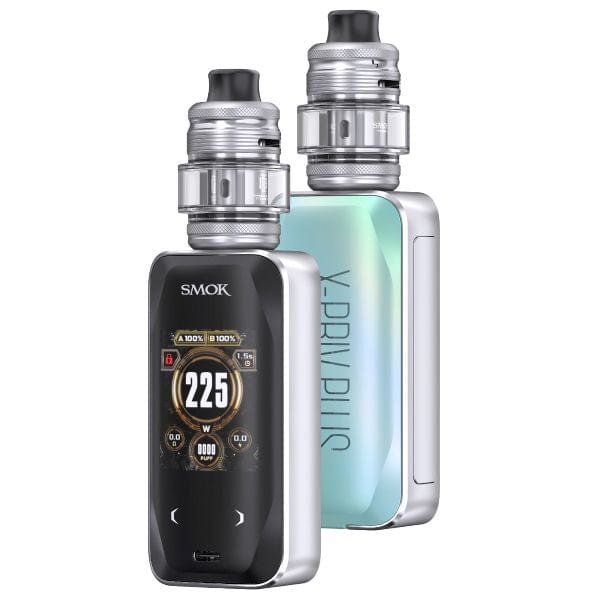 SMOK X-Priv Plus 225W starter kit with vape mod and tank, featuring a sleek black design and digital display screen.