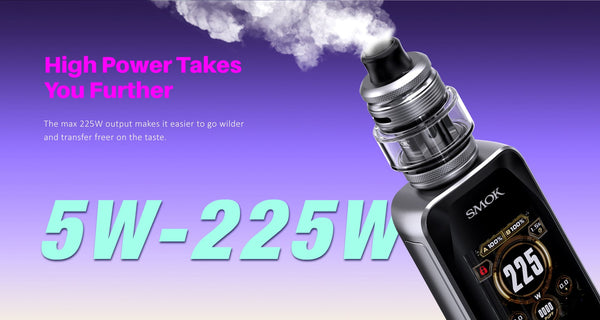 SMOK X-Priv Plus 225W starter kit with sleek mod and matching tank, featuring digital display and advanced vaping hardware.