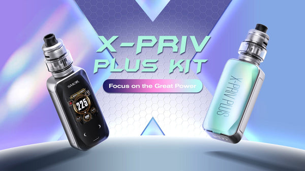 SMOK X-Priv Plus 225W starter kit with mod, tank, and accessories, showcasing sleek black hardware and detailed display screen.