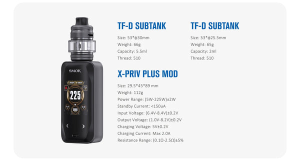 SMOK X-Priv Plus 225W Starter Kit with mod, tank, and accessories, showcasing sleek black hardware and modern design.