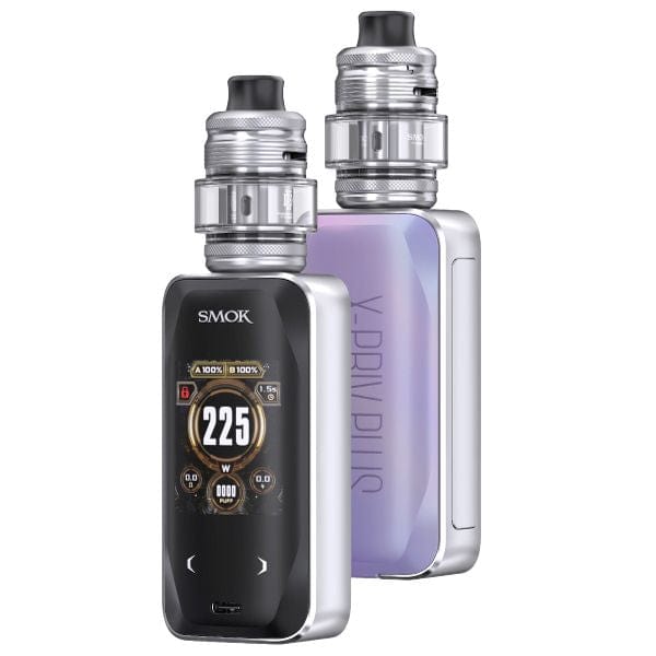 SMOK X-Priv Plus 225W starter kit with sleek mod, colorful display, and matching tank, designed for vaping enthusiasts.
