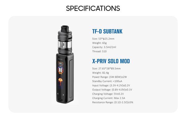 SMOK X-Priv Solo 80W Kit hardware with sleek design, featuring the vape mod and included accessories.
