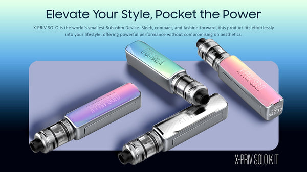 SMOK X-Priv Solo 80W Kit hardware with sleek black mod, colorful display screen, and included accessories for vaping.