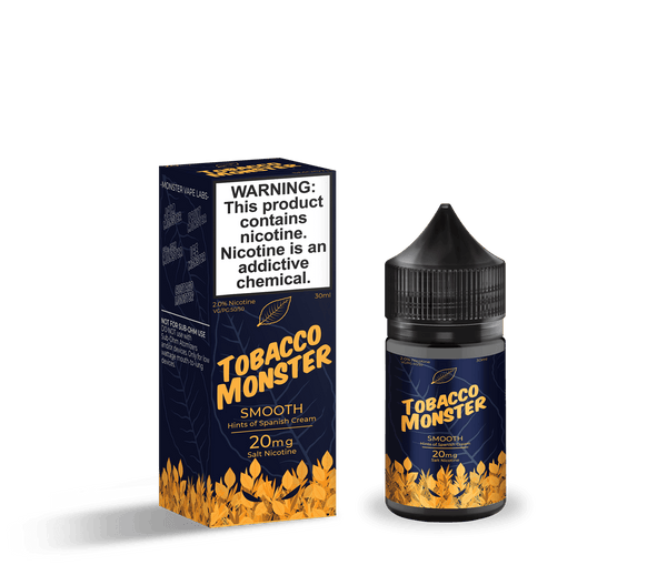 Bottle of Tobacco Monster Smooth SALT tobacco-flavored e-liquid in a 30mL bottle, featuring a sleek label design.