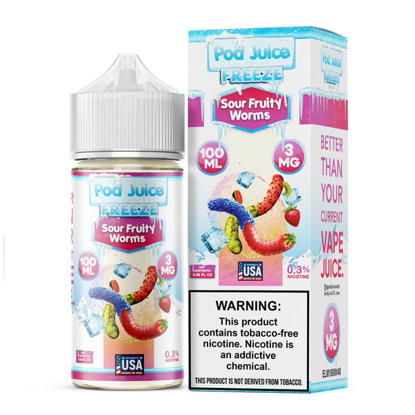 Pod Juice Sour Fruity Worms Freeze e-liquid 100mL bottle with colorful fruit and worm illustrations for vaping.