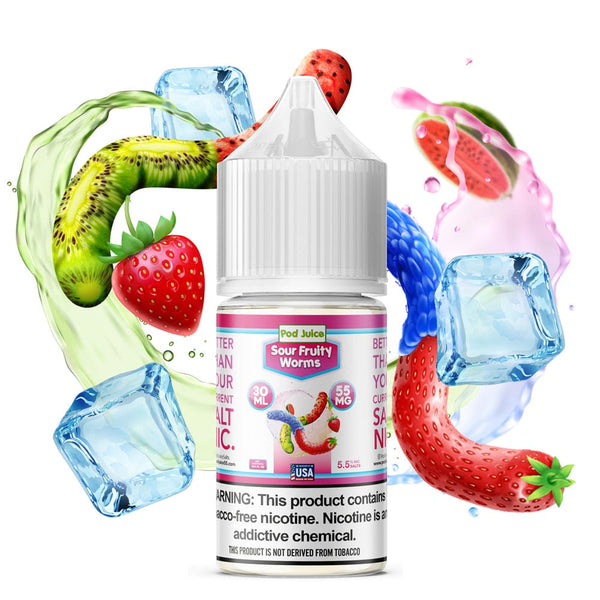 Bottle of Pod Juice Sour Fruity Worms Salt e-liquid in 30mL bottle, featuring colorful fruit and worm design on the label.