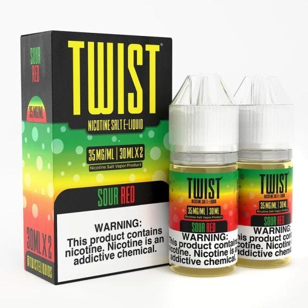 Bottle of Sour Red Twist E-Liquids 60mL, a vibrant red e-liquid with sour cherry flavor in a clear plastic bottle
