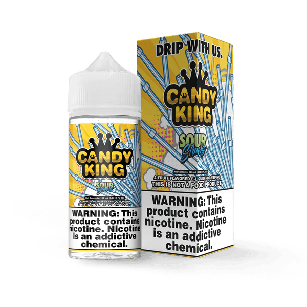 Candy King Sour Straws e-liquid 100mL bottle with colorful packaging and vibrant label featuring sour straw candy imagery.