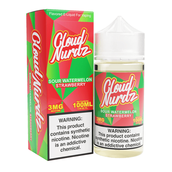 Cloud Nurdz sour watermelon strawberry e-liquid in 100mL bottle, vibrant fruit flavor blend with colorful packaging.