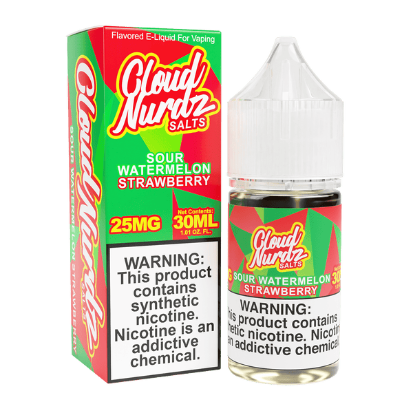 Cloud Nurdz Sour Watermelon Strawberry Salt e-liquid bottle, 30mL, with colorful label featuring watermelon and strawberry graphics.
