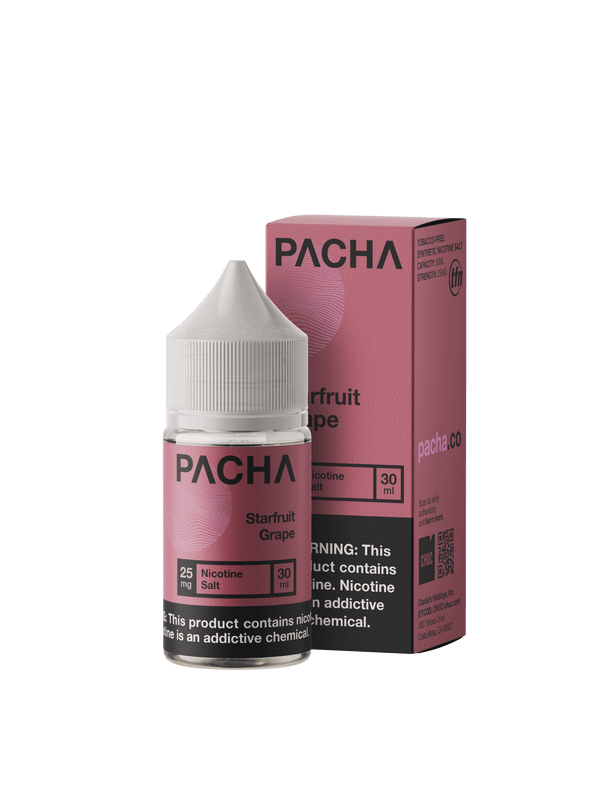 Starfruit and grape flavored nicotine salt e-liquid by Pachamama in a 30mL bottle.