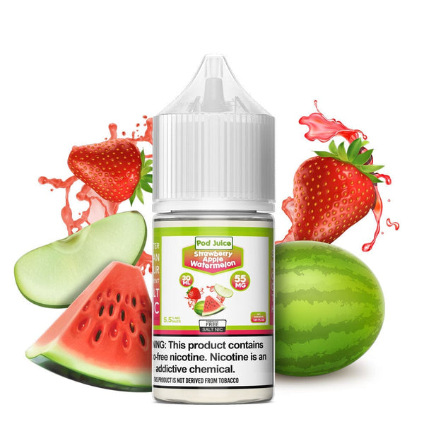 Strawberry, apple, and watermelon flavored SALT e-liquid by Pod Juice in a 30mL bottle with colorful packaging.