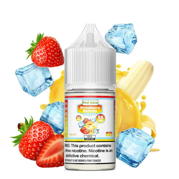 Strawberry Banana Freeze Salt e-liquid by Pod Juice in a 30mL bottle, featuring a chilled strawberry and banana flavor.