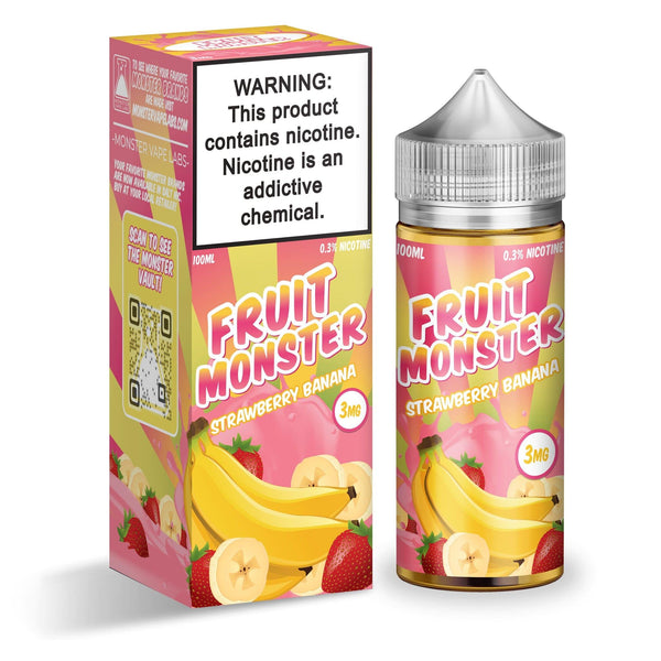 Strawberry Banana Fruit Monster e-liquid bottle, 100mL size with colorful label featuring ripe strawberries and bananas.