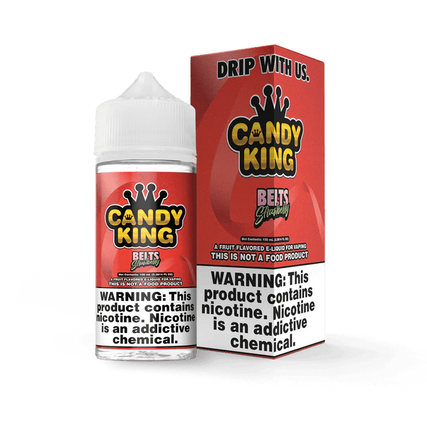 Bottle of Candy King Strawberry Belts e-liquid, 100mL, with colorful label featuring strawberry candies and vibrant branding.