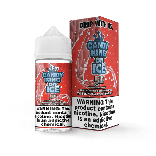 Strawberry Belts on ICE e-liquid by Candy King, 100ml bottle, featuring vibrant strawberry candy flavor and icy menthol finish.