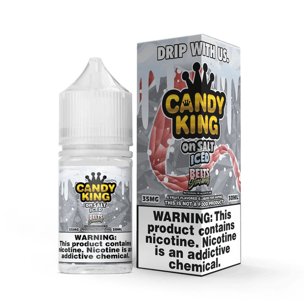 Strawberry Belts SALT on ICE e-liquid by Candy King, 30mL bottle featuring strawberry flavor with icy menthol notes.
