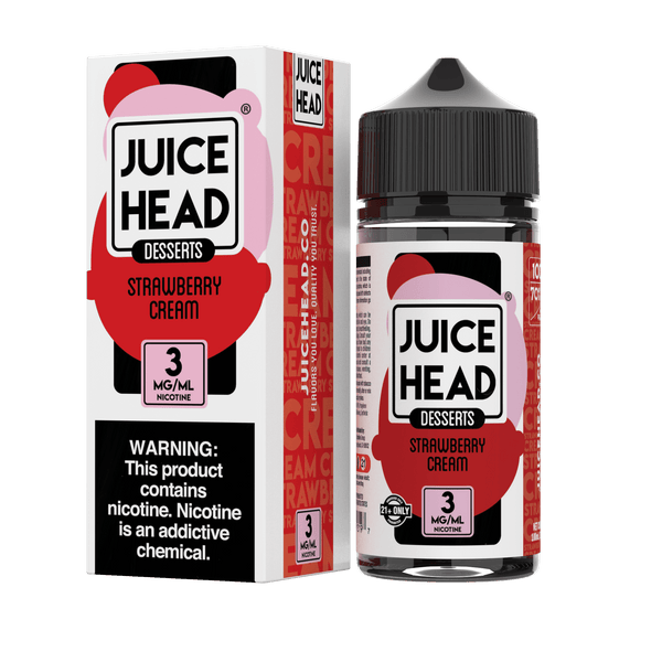 Juice Head Strawberry Cream e-liquid bottle, 100mL, featuring a strawberry and cream flavor label on the packaging.