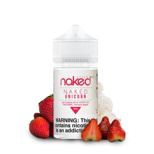 Naked 100 Strawberry Cream e-liquid bottle, 60mL, featuring a strawberry and cream flavor for vaping.