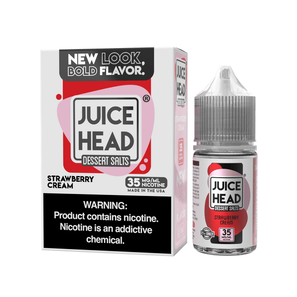 Bottle of Juice Head Strawberry Cream Salt E-liquid 30mL with vibrant strawberry and creamy flavor label.