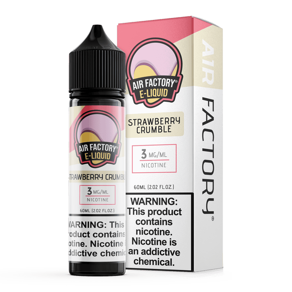 Bottle of Air Factory Strawberry Crumble E-Liquid with strawberry and crumble flavor, 60mL vape juice.