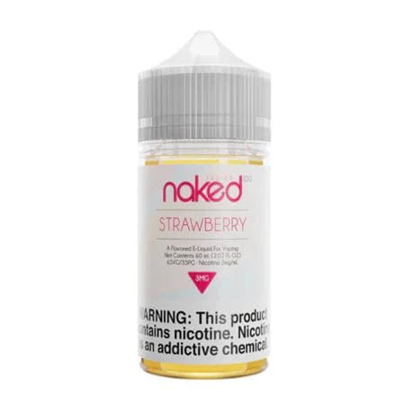 Naked 100 Strawberry Fusion E-liquid 60mL bottle with vibrant strawberry graphics and colorful packaging.