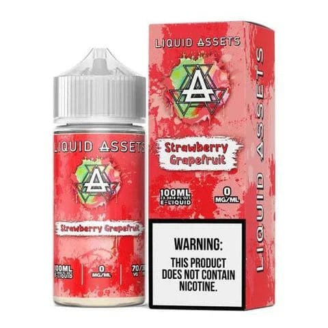 Strawberry and grapefruit flavored Liquid Assets e-liquid in a 100mL bottle with colorful label.