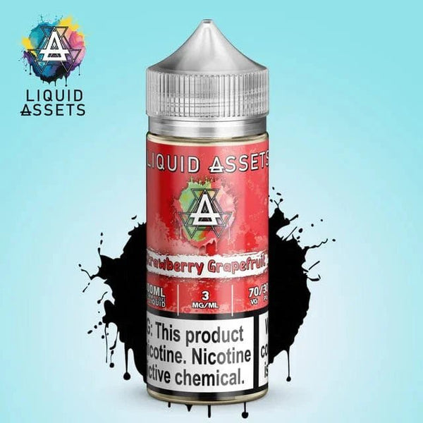 Bottle of Strawberry Grapefruit E-liquid by Liquid Assets in a 100mL container, featuring a colorful label with fruit imagery.