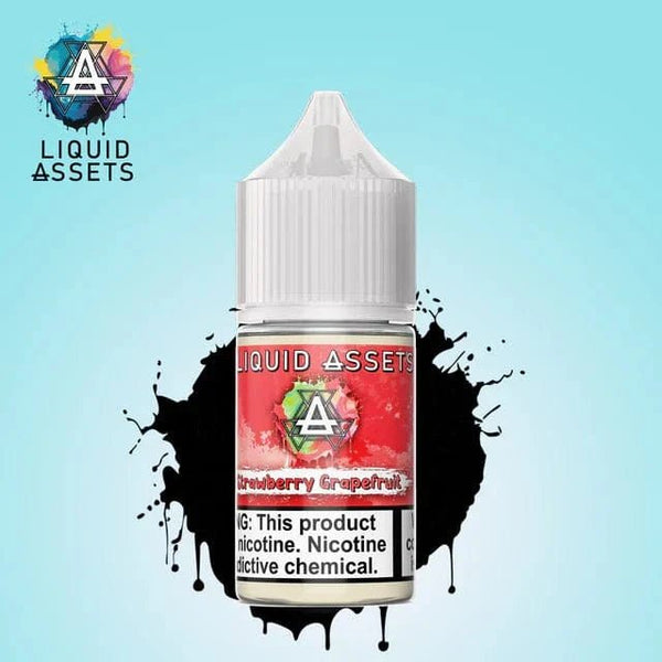 Strawberry grapefruit salt e-liquid by Liquid Assets in a 30mL bottle, showcasing fresh strawberries and grapefruit on the label