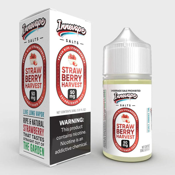 Bottle of Strawberry Harvest SALT e-liquid by Innevape, 30mL, with fresh strawberry flavor and salt nicotine content.