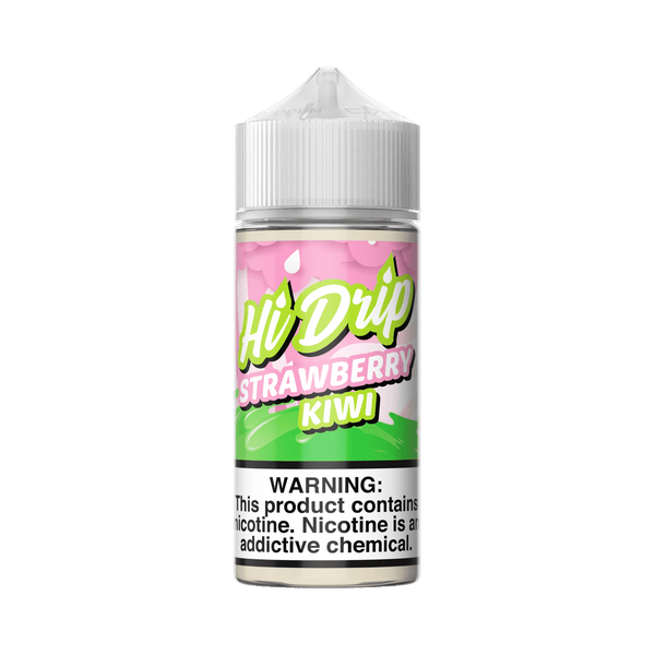 Bottle of Hi Drip Strawberry Kiwi e-liquid in 100mL bottle, featuring fresh strawberries and ripe kiwi fruit on the label.