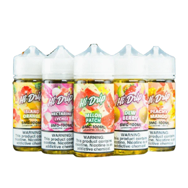 Bottle of Hi Drip Strawberry Kiwi e-liquid 100mL featuring a colorful label with strawberries and kiwis.