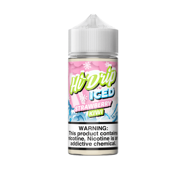 Bottle of Hi Drip Strawberry Kiwi ICED E-liquid in 100mL size with a vibrant label featuring strawberries and kiwis.