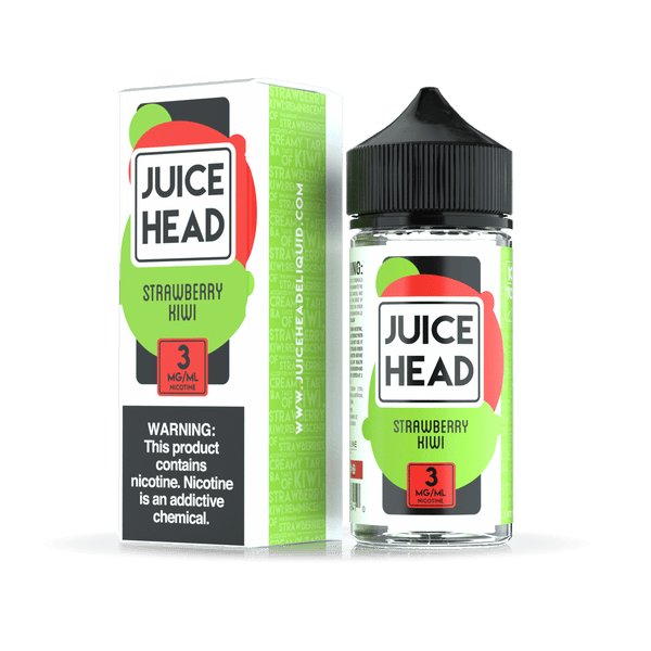 Juice Head Strawberry Kiwi e-liquid bottle, 100mL, with vibrant label featuring fresh strawberries and ripe kiwis.