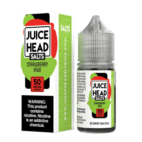 Bottle of Juice Head Strawberry Kiwi E-liquid Salt in 30mL bottle with colorful label featuring fresh strawberries and kiwi slices.