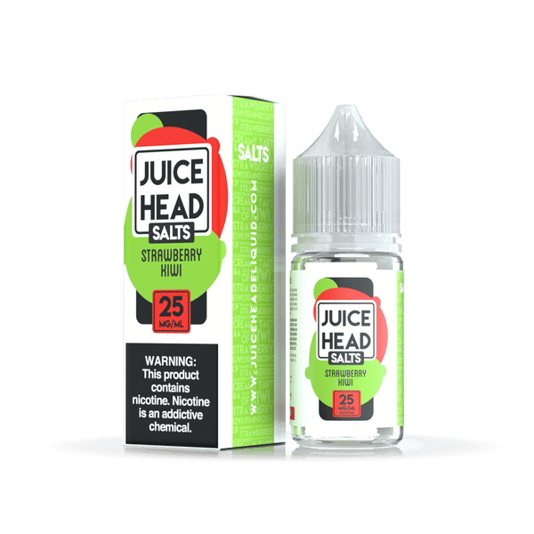 Bottle of Juice Head Strawberry Kiwi Salt Nic e-liquid in a 30mL bottle with colorful label and flavor artwork.