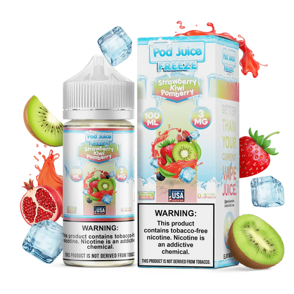 Strawberry Kiwi Pomberry Freeze e-liquid by Pod Juice in a 100mL bottle, featuring fruity flavors and icy menthol chill.