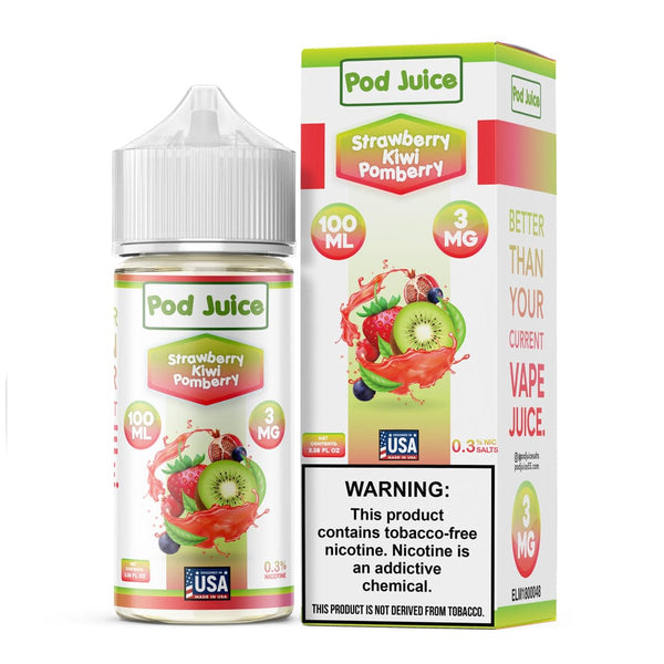 Strawberry Kiwi Pomberry E-liquid by Pod Juice in a 100mL bottle, featuring fresh strawberry, kiwi, and berry flavor notes.