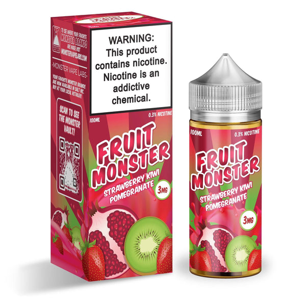 E-liquid bottle of Fruit Monster Strawberry Kiwi Pomegranate flavor, featuring vibrant fruit illustrations on the label.