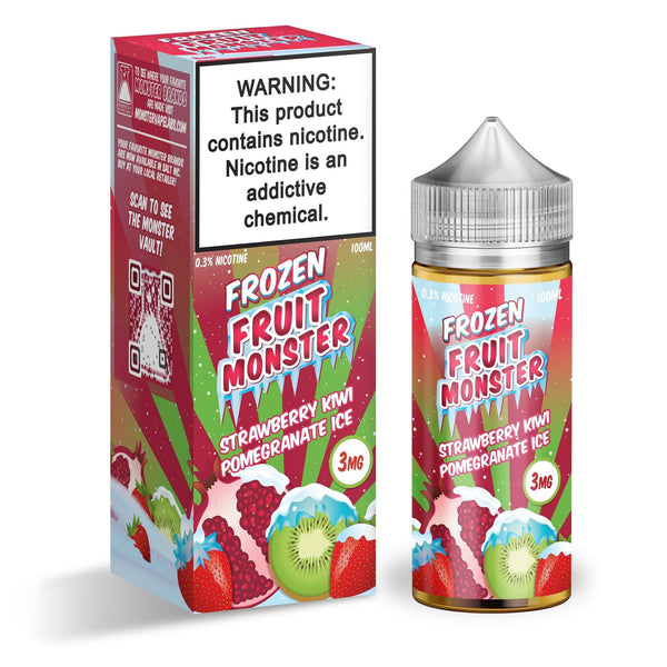 Frozen Fruit Monster Strawberry Kiwi Pomegranate ICE e-liquid in 100mL bottle with vibrant fruit flavors and icy cooling effect.