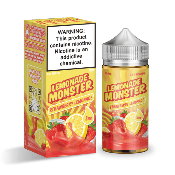 Bottle of Lemonade Monster strawberry lemonade e-liquid, 100mL, featuring a colorful label with strawberries and lemons.