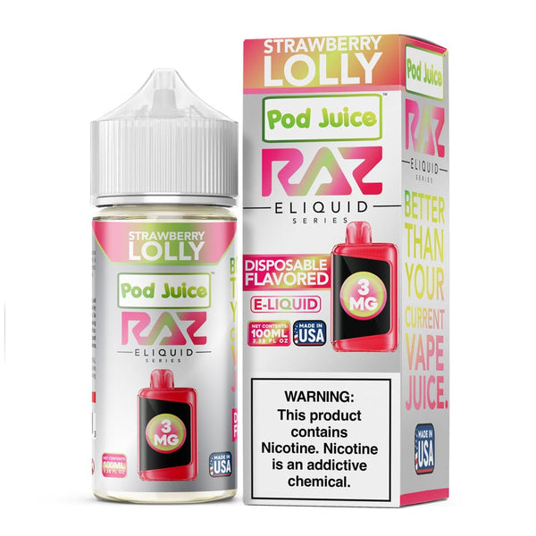 Strawberry Lolly Pod Juice x Raz E-Liquid 100mL bottle with colorful label, showcasing strawberry candy flavor e-liquid.