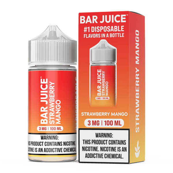Strawberry Mango Bar Juice e-liquid 100mL bottle with colorful label and fresh fruit images.
