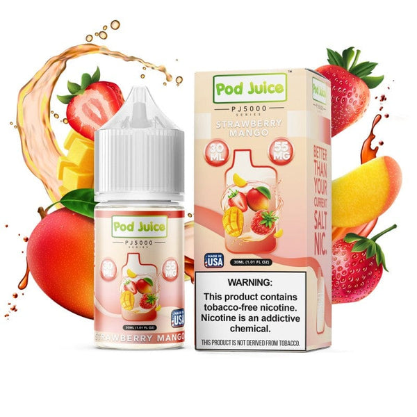 Strawberry Mango PJ5000 SALT e-liquid by Pod Juice in 30mL bottle, featuring fresh strawberry and ripe mango flavor.